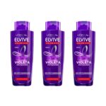 Elvive - Champú Matizador Violeta Color Vive para cabello teñido, rubio, decolorado o con mechas, neutraliza el efecto anaranjado y amarillento, fórmula con pigmentos violetas y filtro UV, 3 x 200 ml