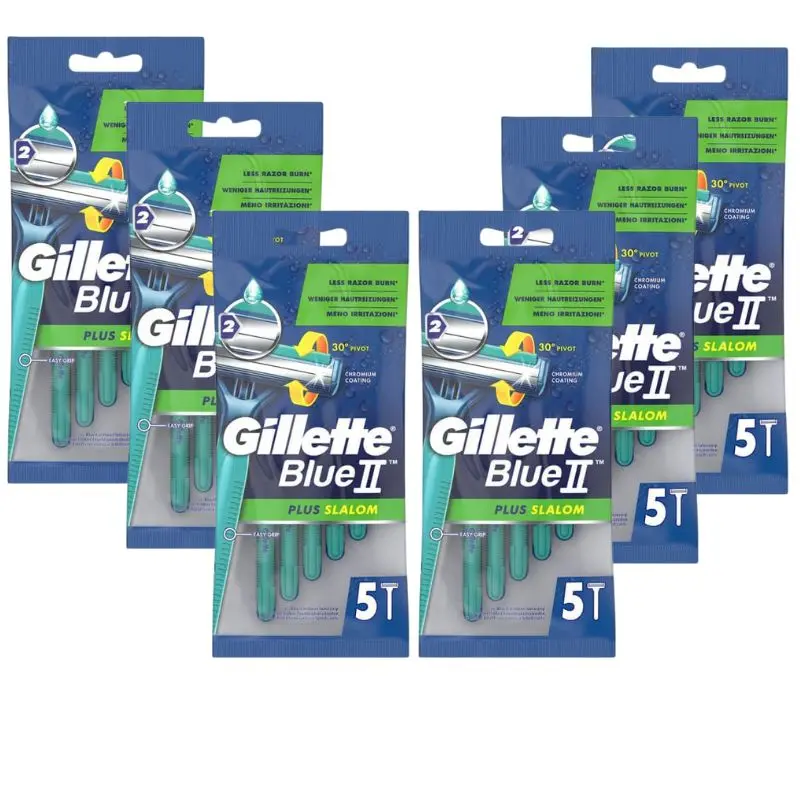 RO100236465 Pack Ahorro Gillette Blue II Plus Slalom – 30 Cuchillas Desechables (6x5), Doble Hoja con Revestimiento de Cromo, Banda Lubricante y Cabezal Pivotante para un Afeitado Suave - Imagen 1