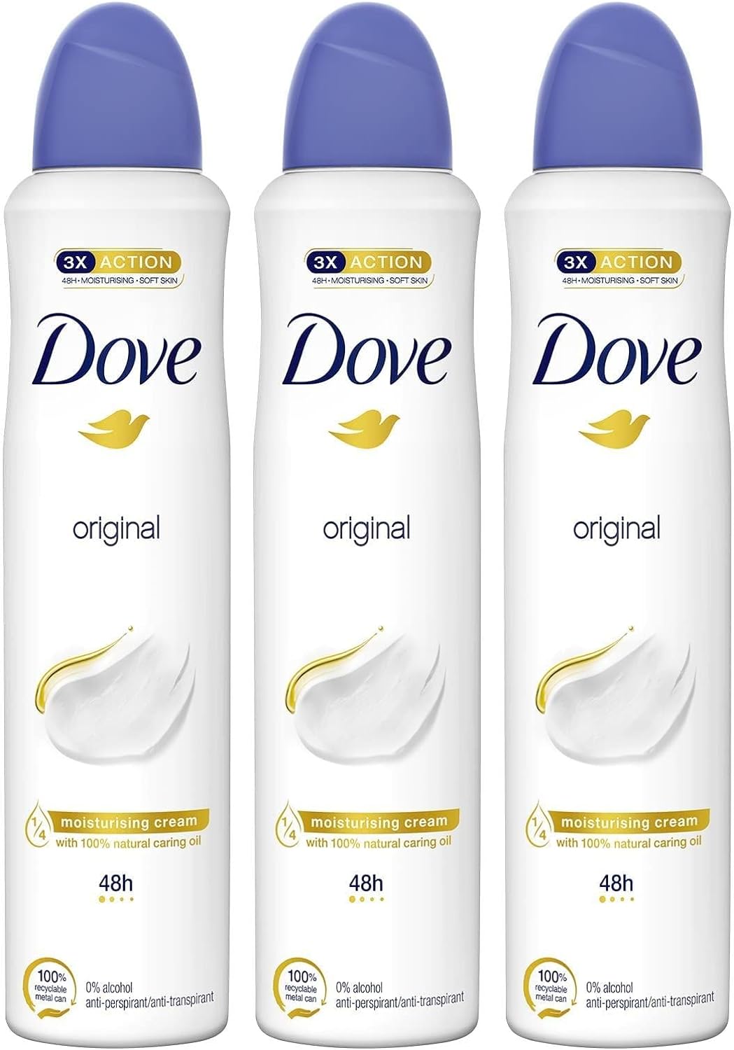 610QMrcWxtL._AC_SL1500_ Dove Desodorante Aerosol 48h Original Sin Alcohol para Mujer, con Aceite Nutritivo 100% Natural y 1/4 de Crema Hidratante, Pack de 3 x 200ml - Imagen 1