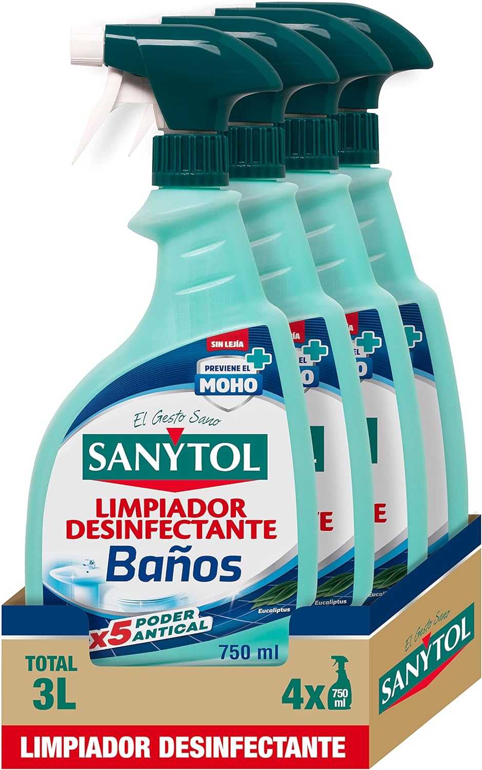 Limpiador Desinfectante Baños eficaz contra bacterias, hongos y virus envueltos Sanytol – Limpiador Desinfectante Antical Baños, Elimina Bacterias, Hongos y Virus Sin Lejía, Perfume Eucaliptus - Pack de 4 x 750 ML = 3L - Imagen 1