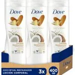 Dove Crema Hidratante Corporal Restauradora Con Aceite de Coco 100% Natural y Leche de Almendras para Piel Seca, Pack de 3 x 400 ml
