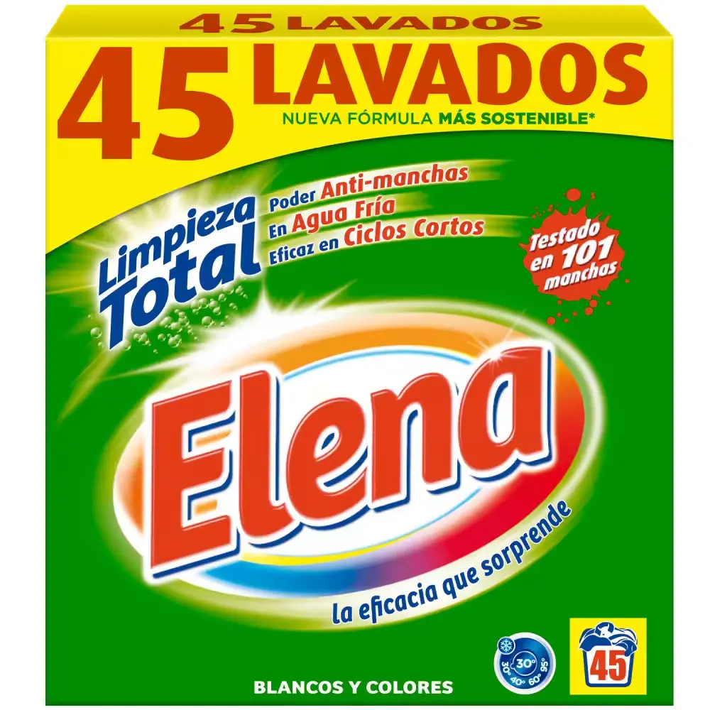 Detergente máquina en polvo limpieza total Elena caja 45 lavados 1 Elena Detergente para lavadora, adecuado para ropa blanca y de color, formato polvo - 45 dosis - Imagen 1