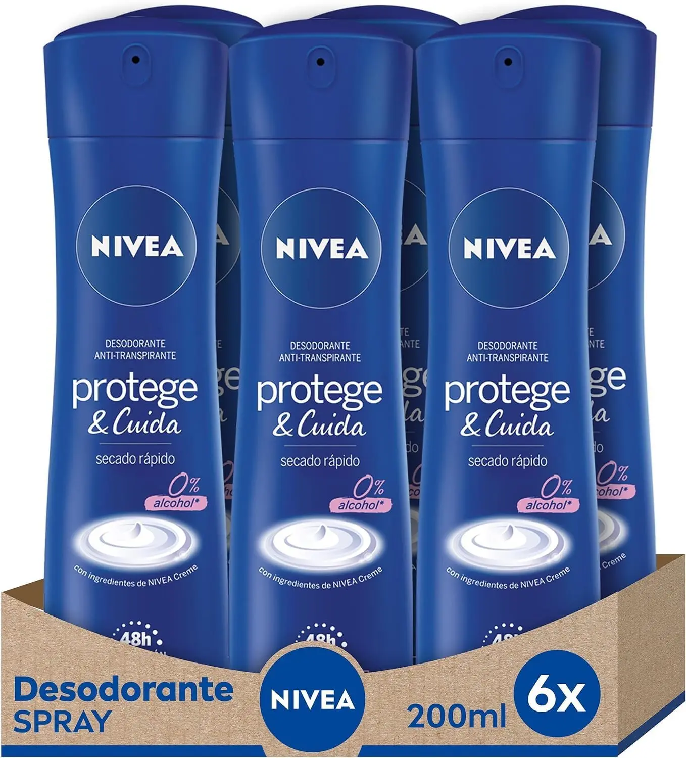 Desodorante-Spray-Protege-y-Cuida NIVEA Protege & Cuida Spray en pack de 6 (6 x 200 ml), desodorante antitranspirante con el aroma de NIVEA Creme, spray desodorante con 0% alcohol - Imagen 1