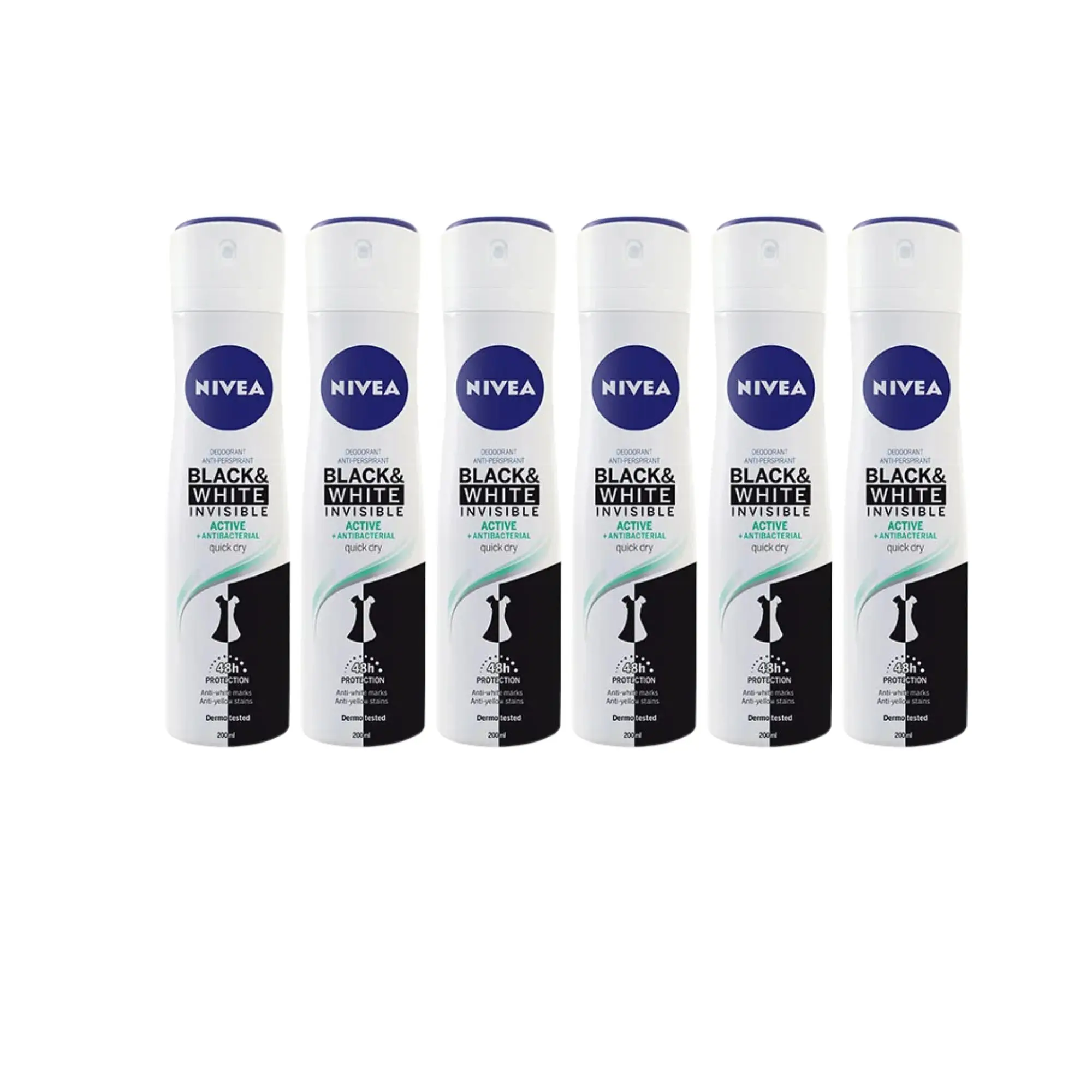 NIVEA Desodorante Black And White Invisible Active 200ML Desodorante en spray antibacterial NIVEA Black & White Invisible Active Spray en pack de 6 (6 x 200 ml), desodorante antimanchas de cuidado femenino, desodorante invisible para proteger la piel y la ropa - Imagen 1