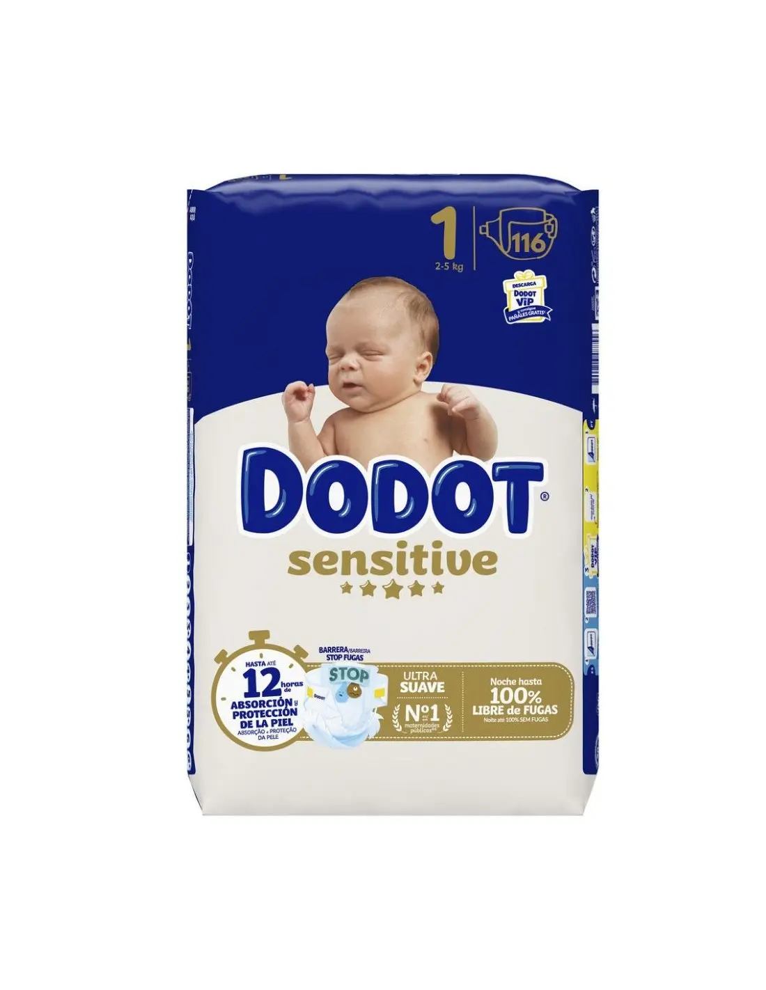 116uds-talla-1-panales-dodot-sensitive-2-a-5-kg Dodot Sensitive Talla 1, 116 Pañales Para Bebé, 2kg-5kg, Hasta 12 h De Protección Antifugas y Protección Para La Piel - Imagen 1